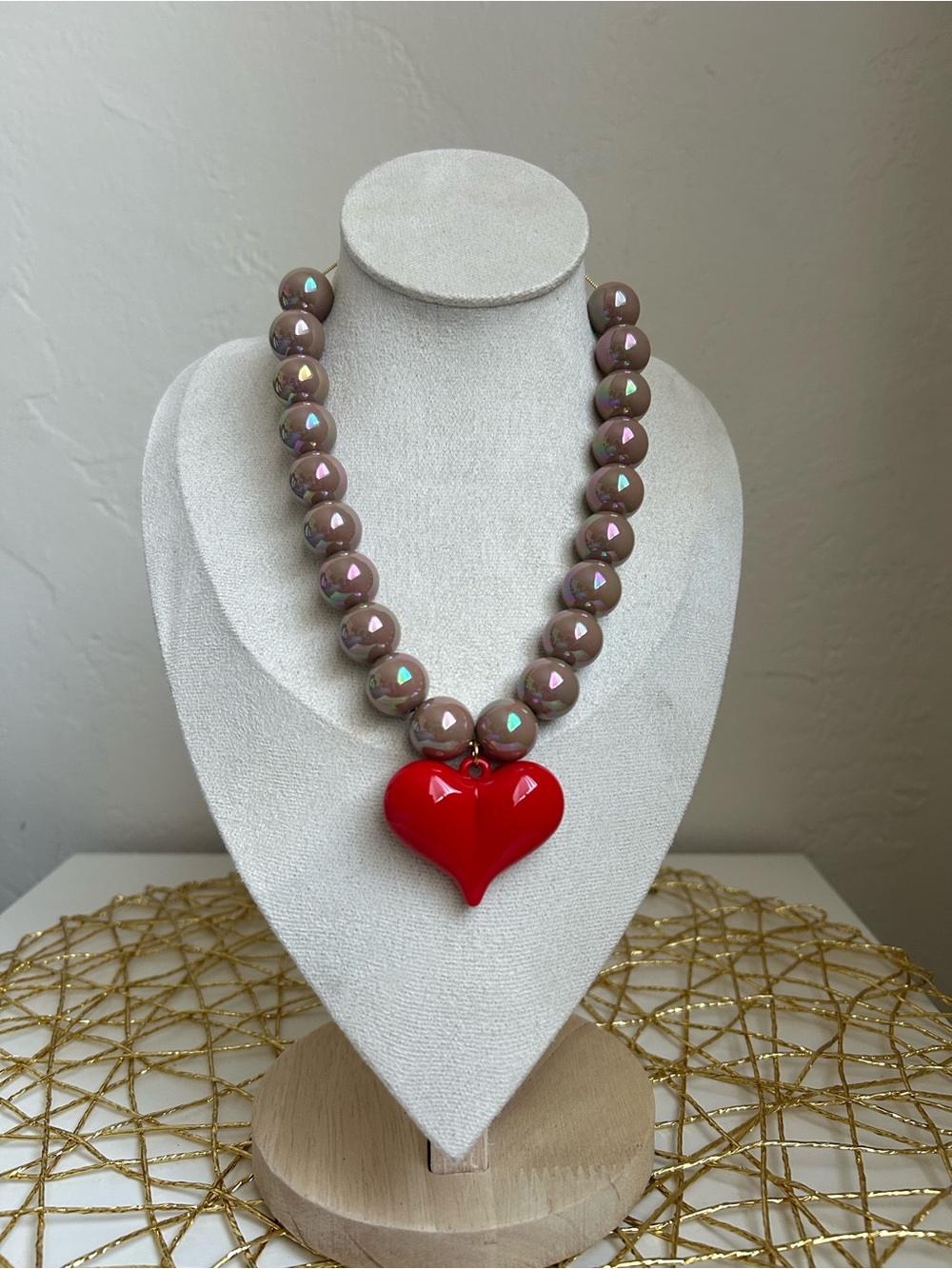 Red Heart Pendant Necklace with Taupe Iridescent Beads -
